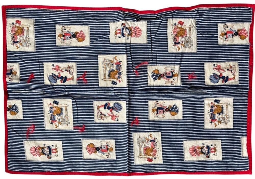 Vintage 70S 80S Handmade Doll Blanket Navy Red Patchwork Quilt 16.5x24